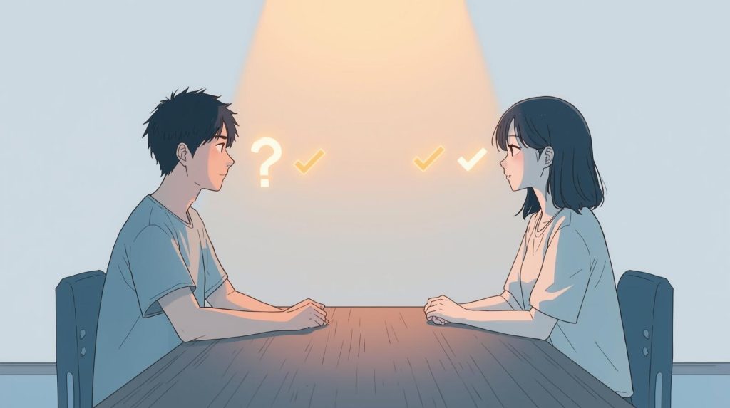 Q&Aのアイコンと話し合う男女