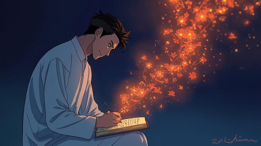 夜明けの光の中、傷だらけでも力強く前を向いて立つ40代男性