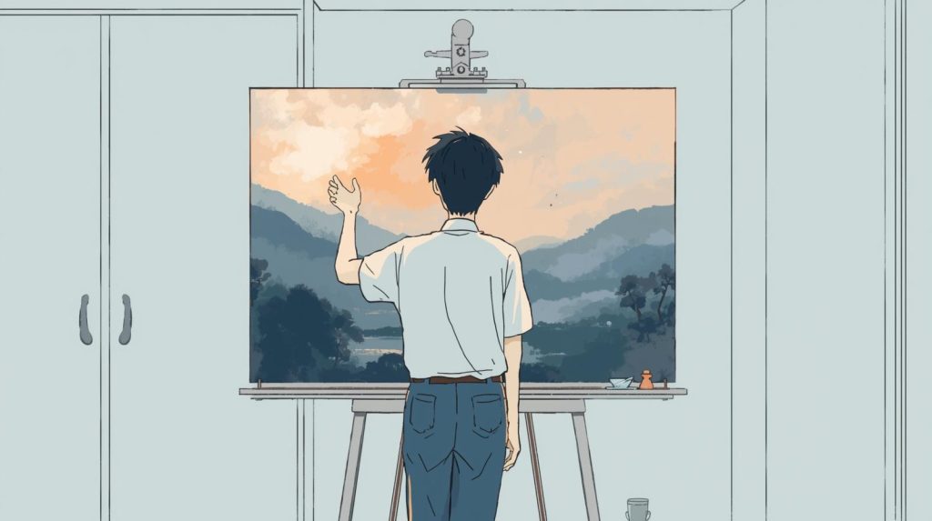 朝日の中、バイクで走り出す男性の後ろ姿