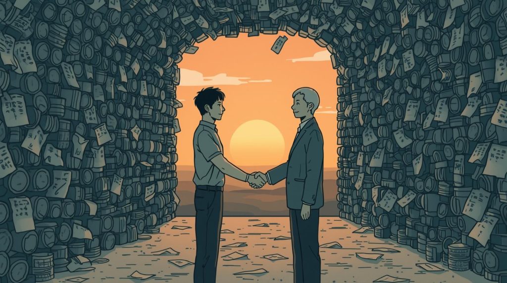 弁護士と握手し、未来へ歩き出す男性
